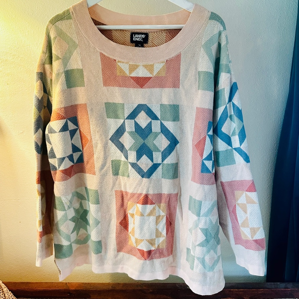 Lands' End Pastel Geometric Crewneck Sweater - Pink, Blue, Green, Yellow